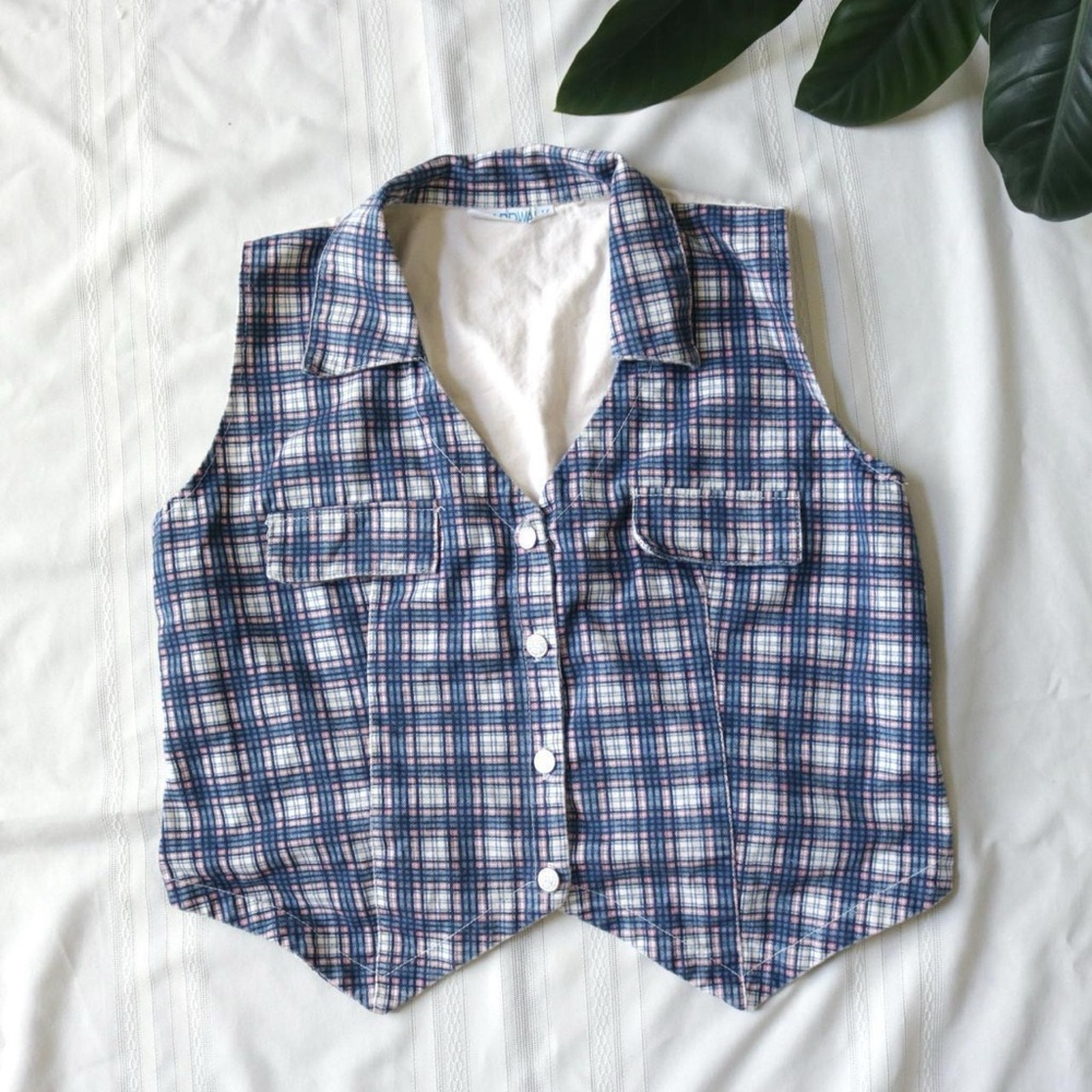 Blue and pink plaid denim vest with cream back